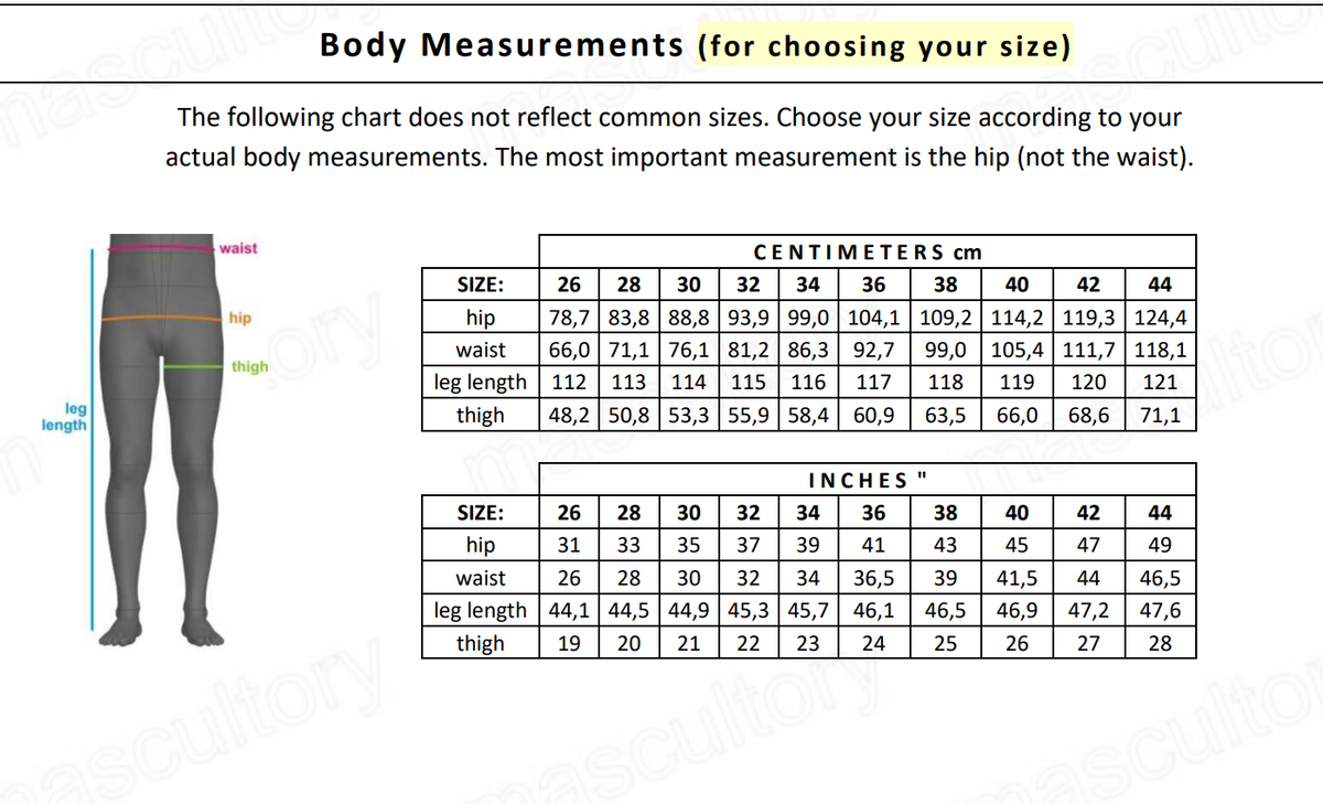 Fatigue pants sewing pattern - body measurements table