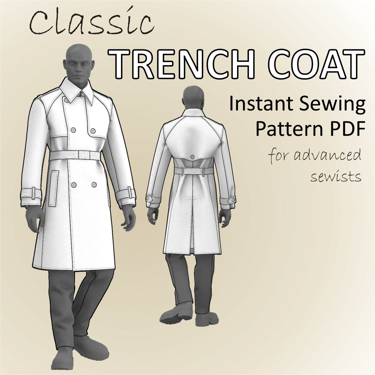 Classic Trench Coat Sewing Pattern PDF for men mascultory